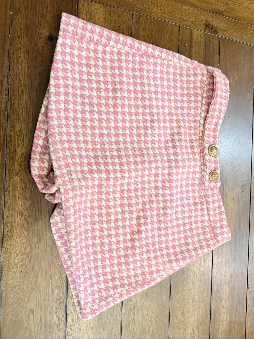 TCEC Pink Tweed Houndstooth Blazer Jacket & Skort Shorts Set Metallic Gold M